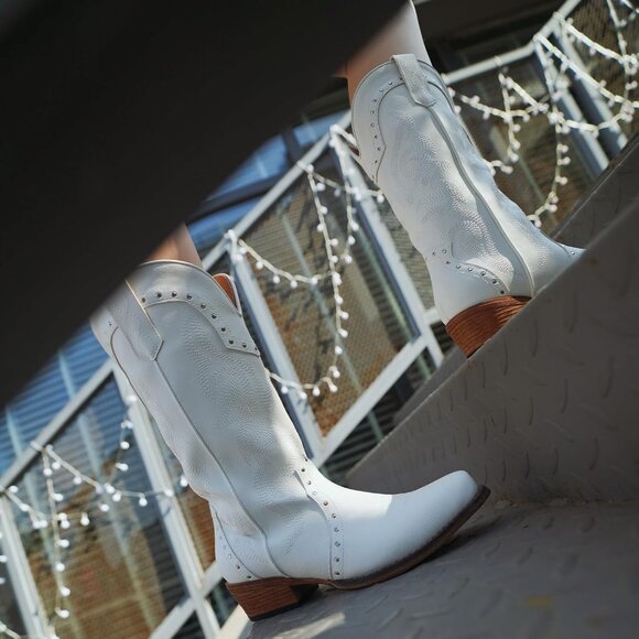 Women White Rivet Vintage Elements Mid-Calf Cowgirl Boots Square Toe Chunky - Picture 2 of 6